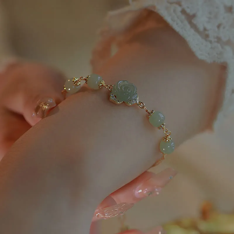 Buddha Stones 14K Gold Plated Hetian Jade Rose Flower Luck Chain Bracelet