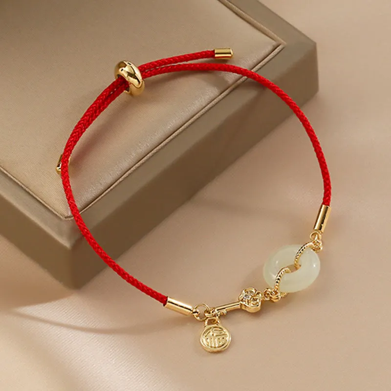 Buddha Stones 18K Gold Plated Hetian Jade Peace Buckle Fu Character Luck Red Rope Bracelet
