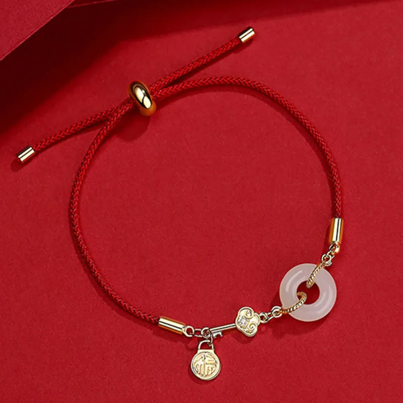 Buddha Stones 18K Gold Plated Hetian Jade Peace Buckle Fu Character Luck Red Rope Bracelet