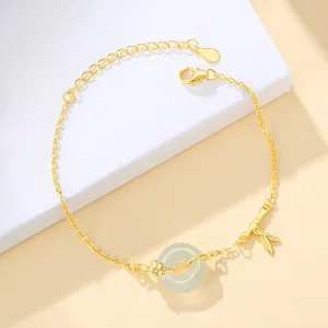 Buddha Stones 925 Sterling Silver Hetian Jade Chalcedony Peace Buckle Bamboo Leaf Prosperity Chain Bracelet
