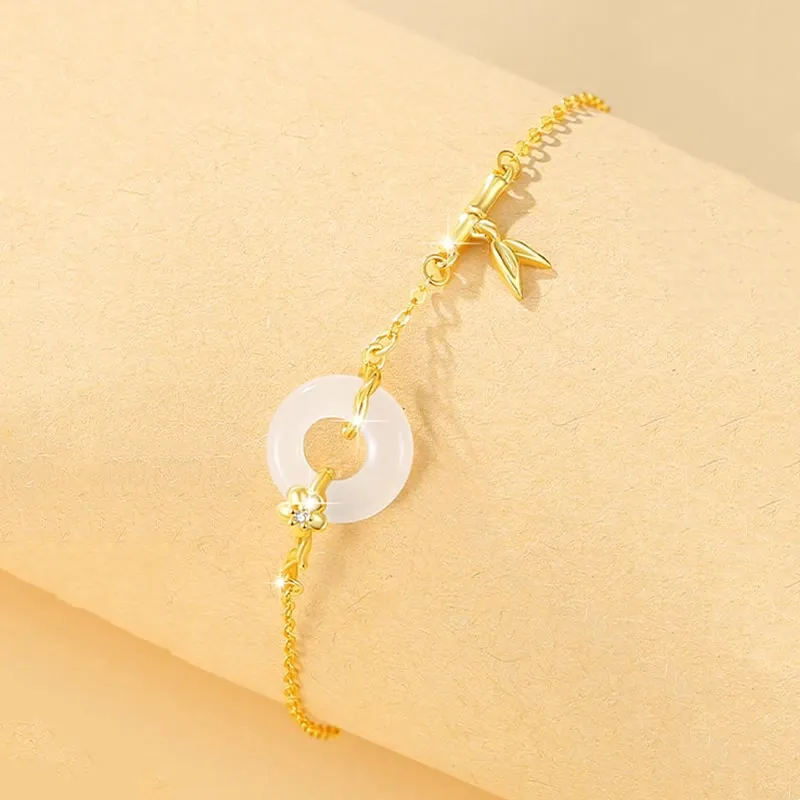 Buddha Stones 925 Sterling Silver Hetian Jade Chalcedony Peace Buckle Bamboo Leaf Prosperity Chain Bracelet
