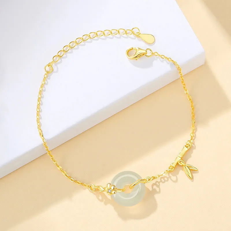 Buddha Stones 925 Sterling Silver Hetian Jade Chalcedony Peace Buckle Bamboo Leaf Prosperity Chain Bracelet