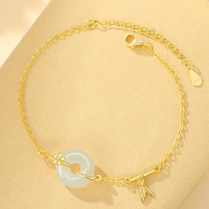 Buddha Stones 925 Sterling Silver Hetian Jade Chalcedony Peace Buckle Bamboo Leaf Prosperity Chain Bracelet