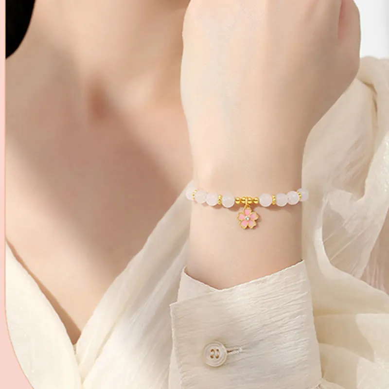Buddha Stones 925 Sterling Silver Hetian White Jade Cherry Blossom Protection Bracelet