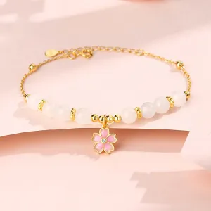 Buddha Stones 925 Sterling Silver Hetian White Jade Cherry Blossom Protection Bracelet