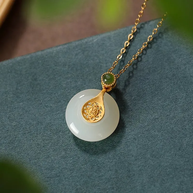 Buddha Stones 925 Sterling Silver Plated Gold Hetian Jade Fu Character Luck Necklace Pendant Bracelet Earrings