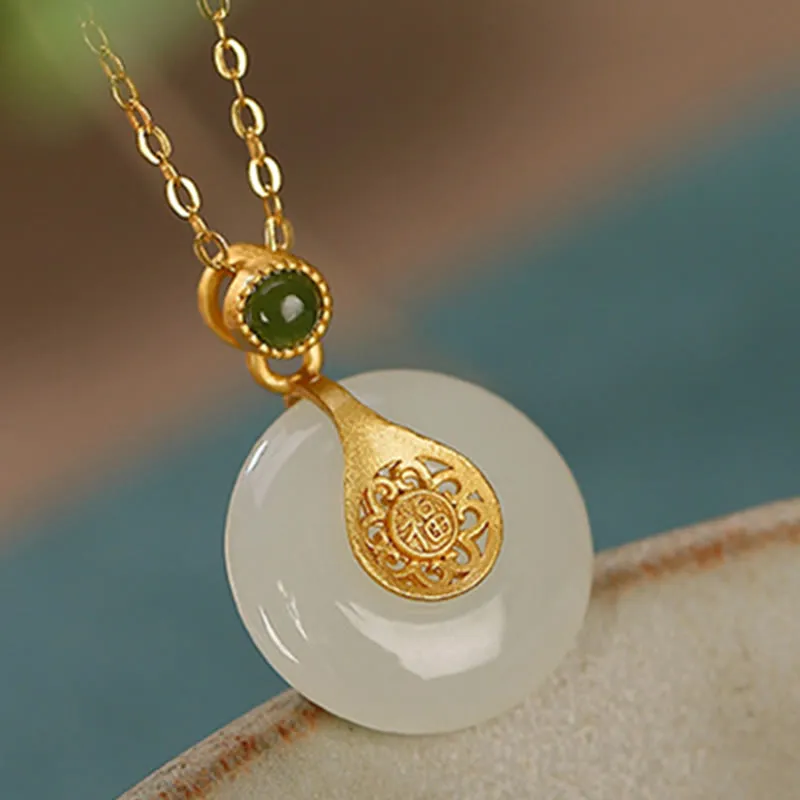 Buddha Stones 925 Sterling Silver Plated Gold Hetian Jade Fu Character Luck Necklace Pendant Bracelet Earrings