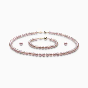 Classic Pink Freshwater Pearl Necklace, Bracelet & Earring Set in 18k Gold