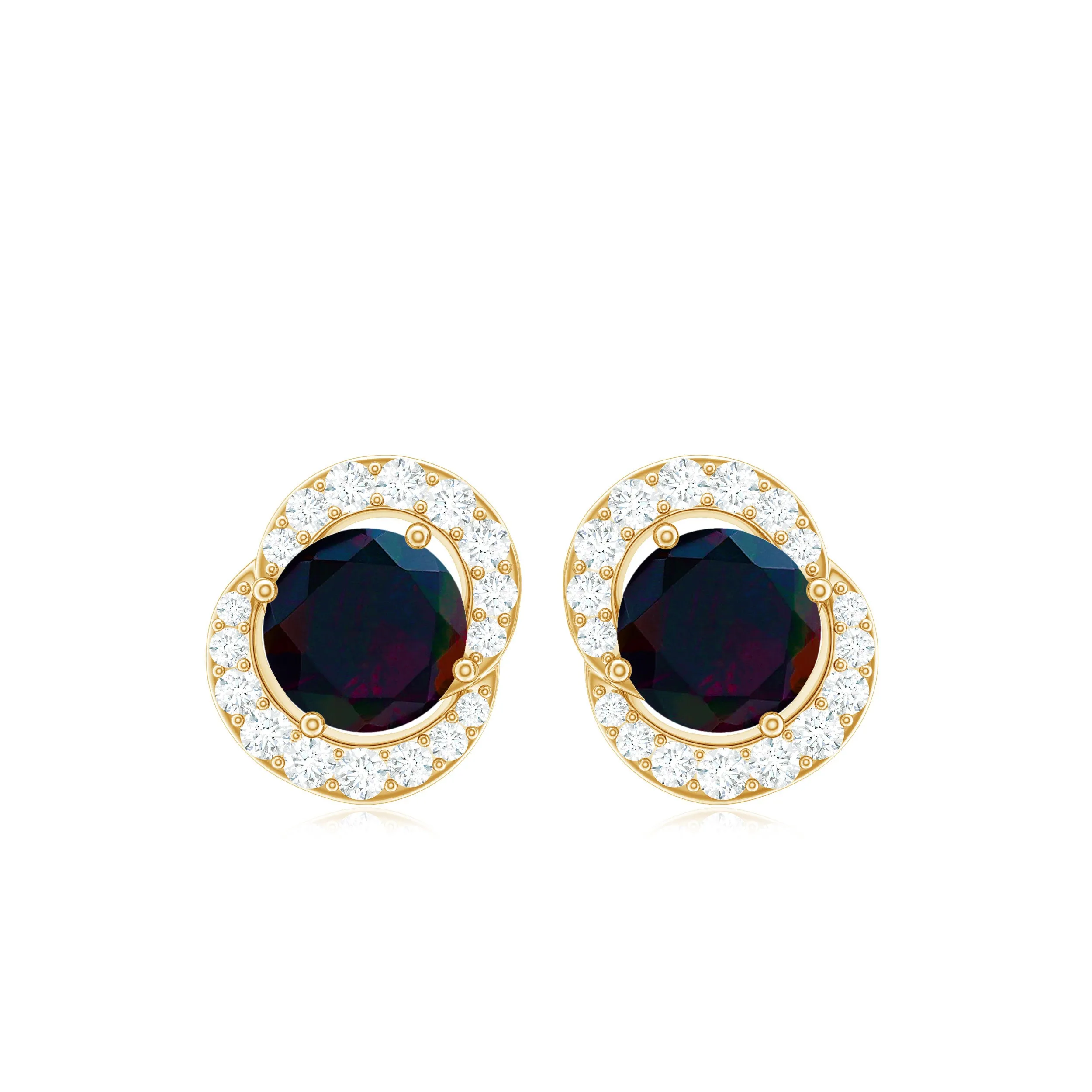 Classic Round Stud Earrings with Black Opal and Diamond