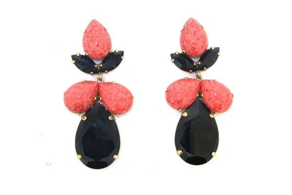 Coral and Black earrings  Glass and Crystal Chandelier Pierced by Frangos