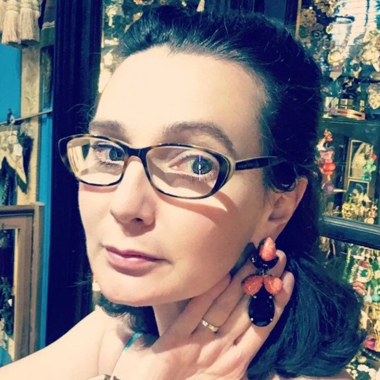 Coral and Black earrings  Glass and Crystal Chandelier Pierced by Frangos