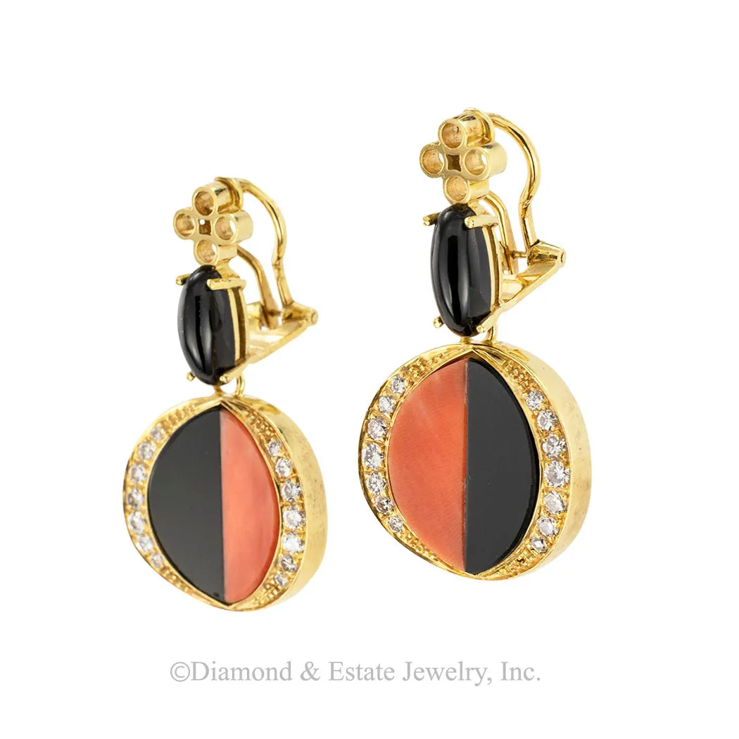 Coral Diamond Black Onyx Clip On Yellow Gold Drop Earrings