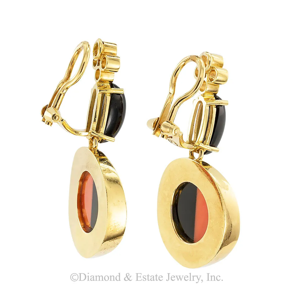 Coral Diamond Black Onyx Clip On Yellow Gold Drop Earrings