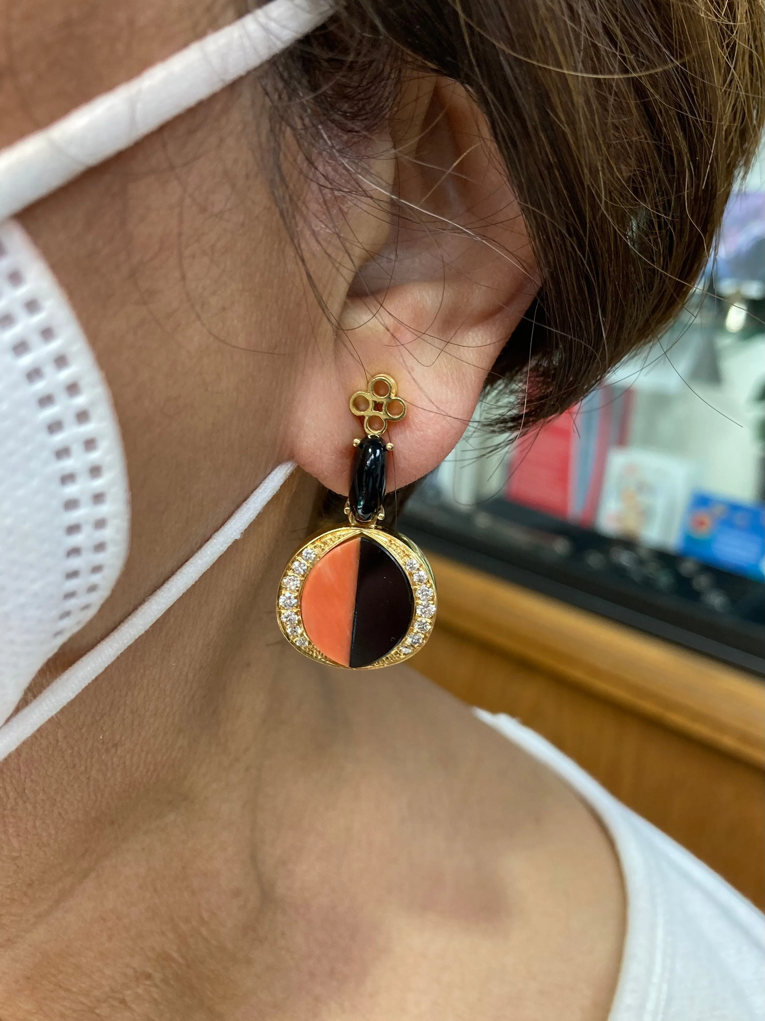 Coral Diamond Black Onyx Clip On Yellow Gold Drop Earrings