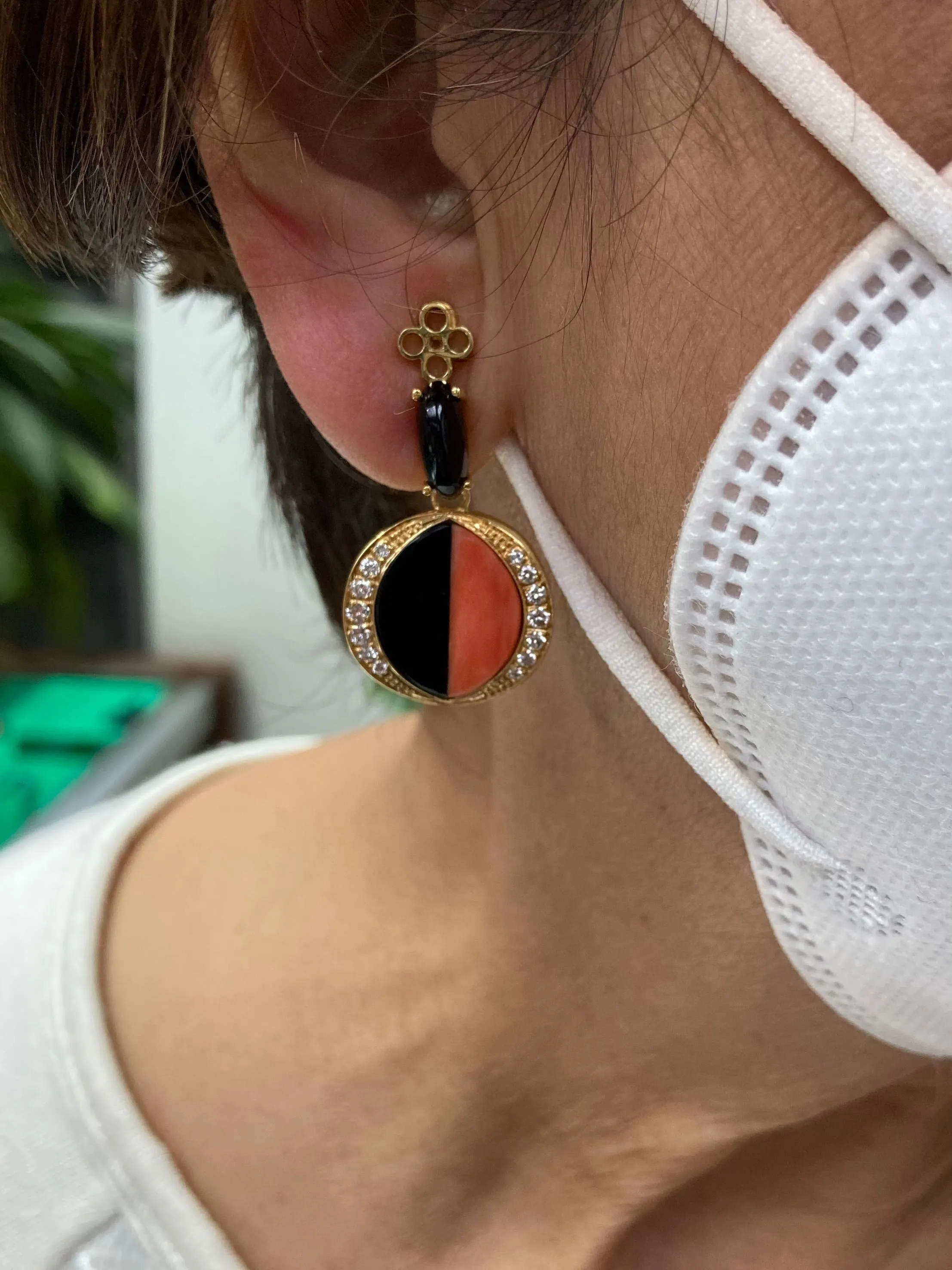 Coral Diamond Black Onyx Clip On Yellow Gold Drop Earrings