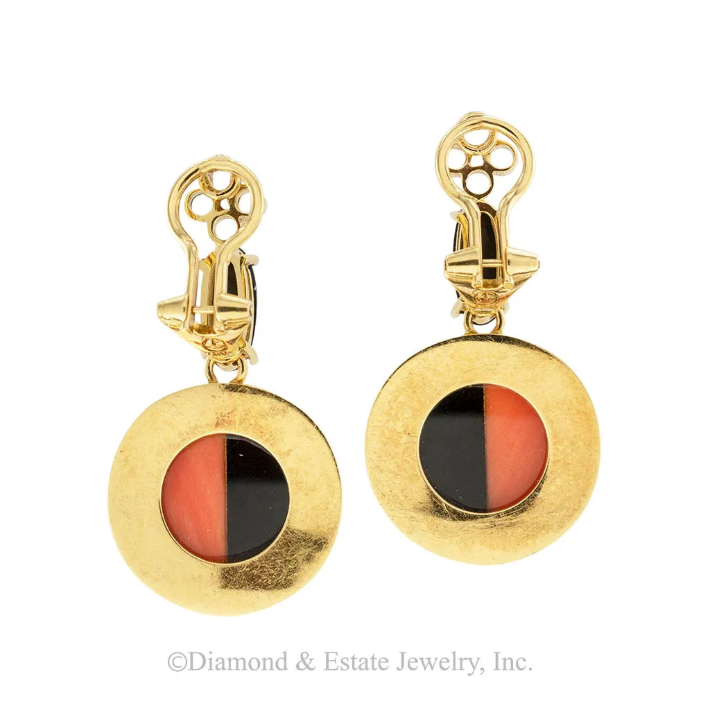 Coral Diamond Black Onyx Clip On Yellow Gold Drop Earrings