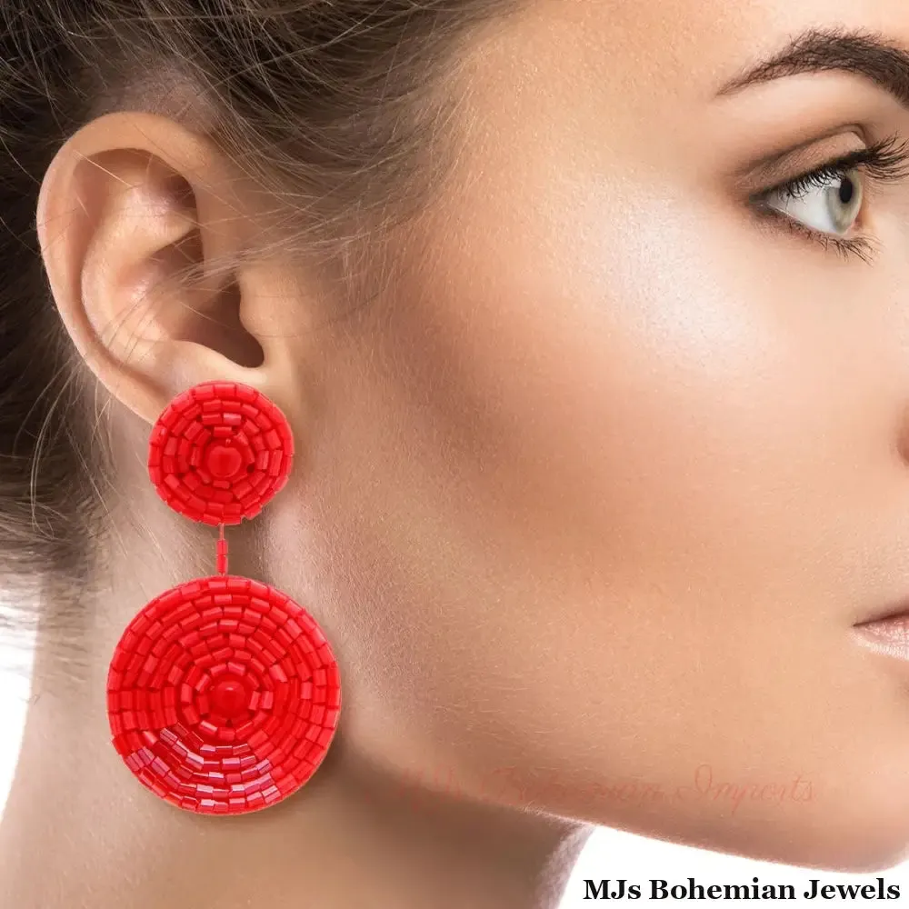Coral Embroidered Bead Earrings