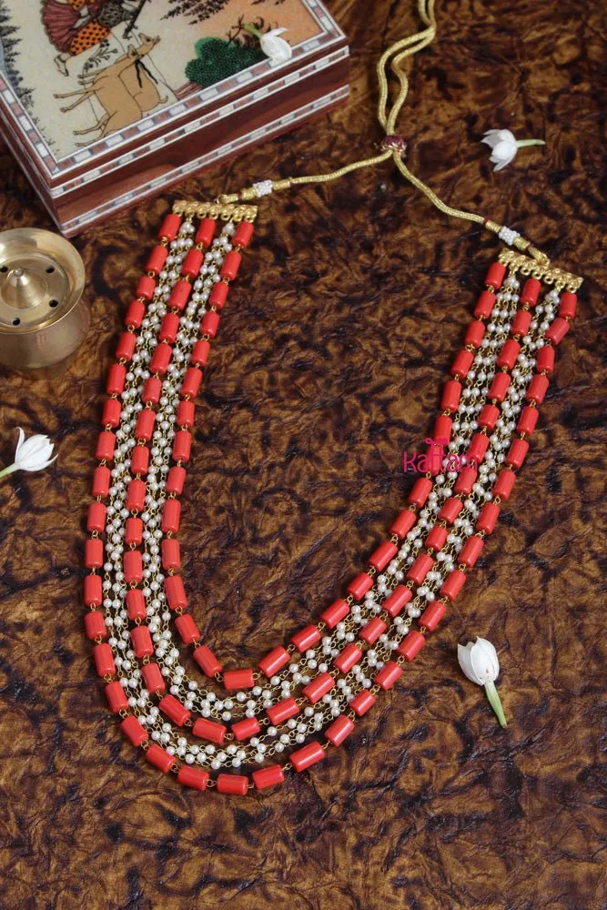 Coral Pearl Mala - 5 Line 20inch