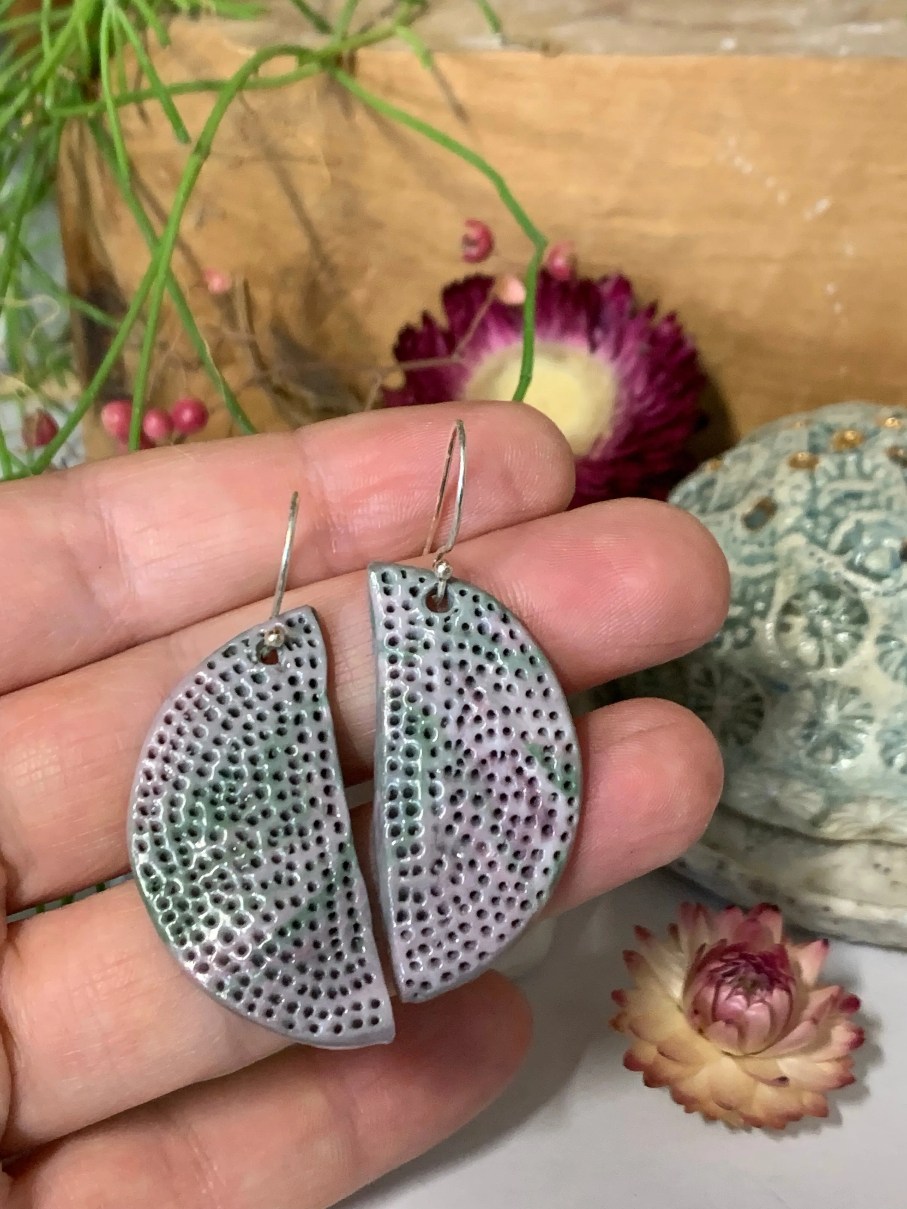 Crescent Porcelain Coral Dot Earrings