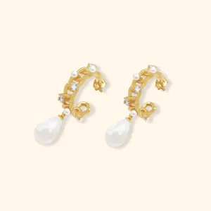 Crystal Freshwater Pearls Chain Hoop Stud Earrings