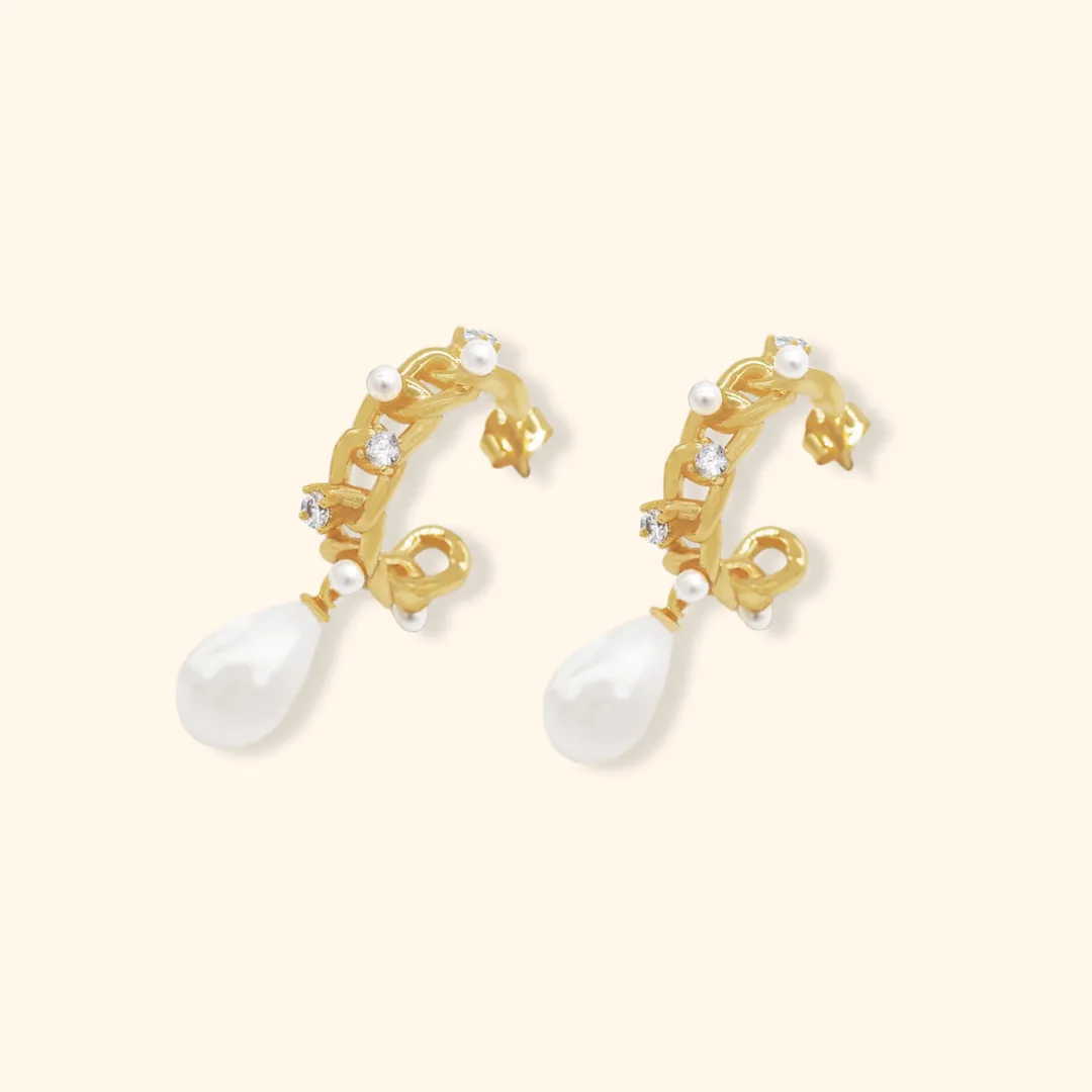 Crystal Freshwater Pearls Chain Hoop Stud Earrings