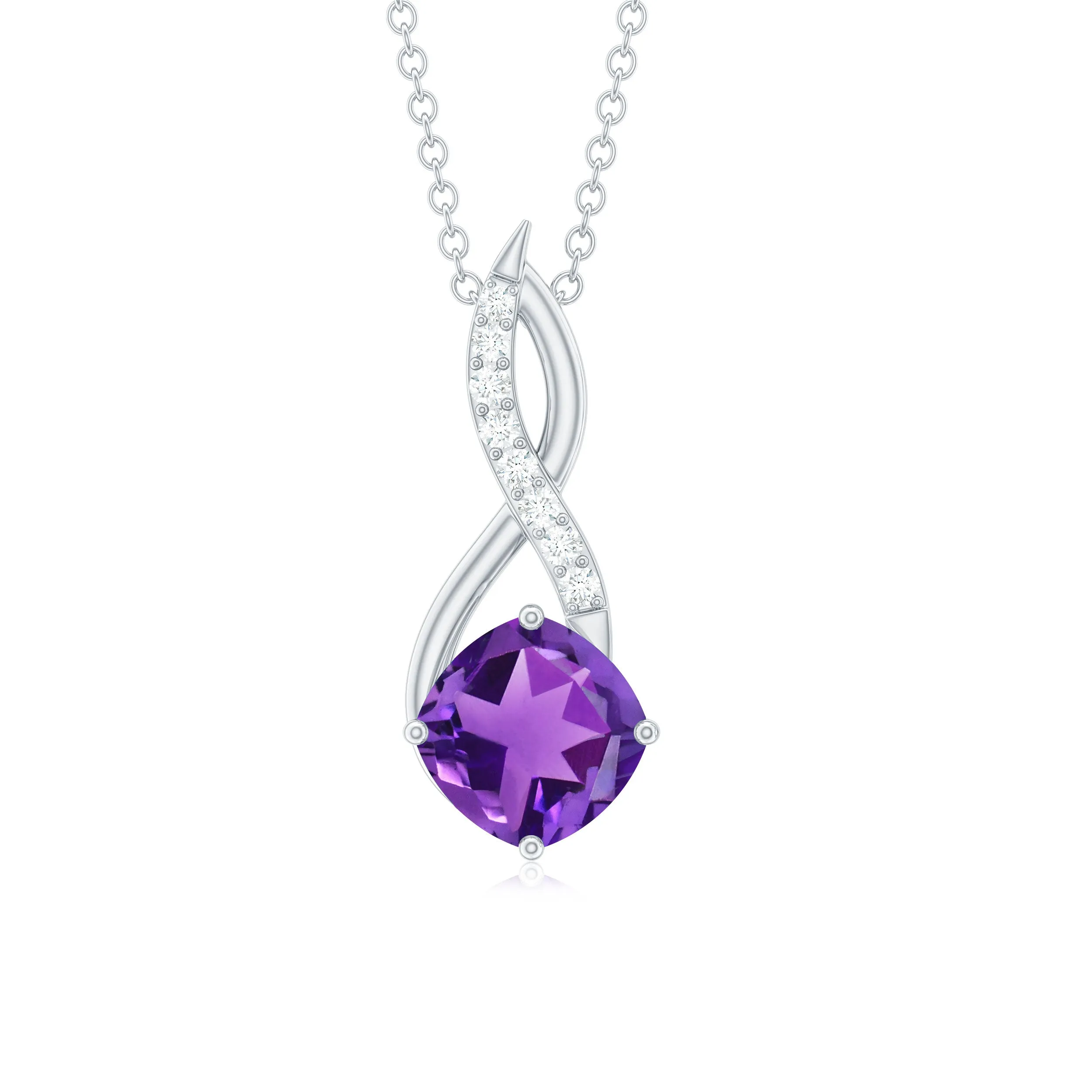 Cushion Shape Amethyst Infinity Pendant Necklace with Diamond Accent