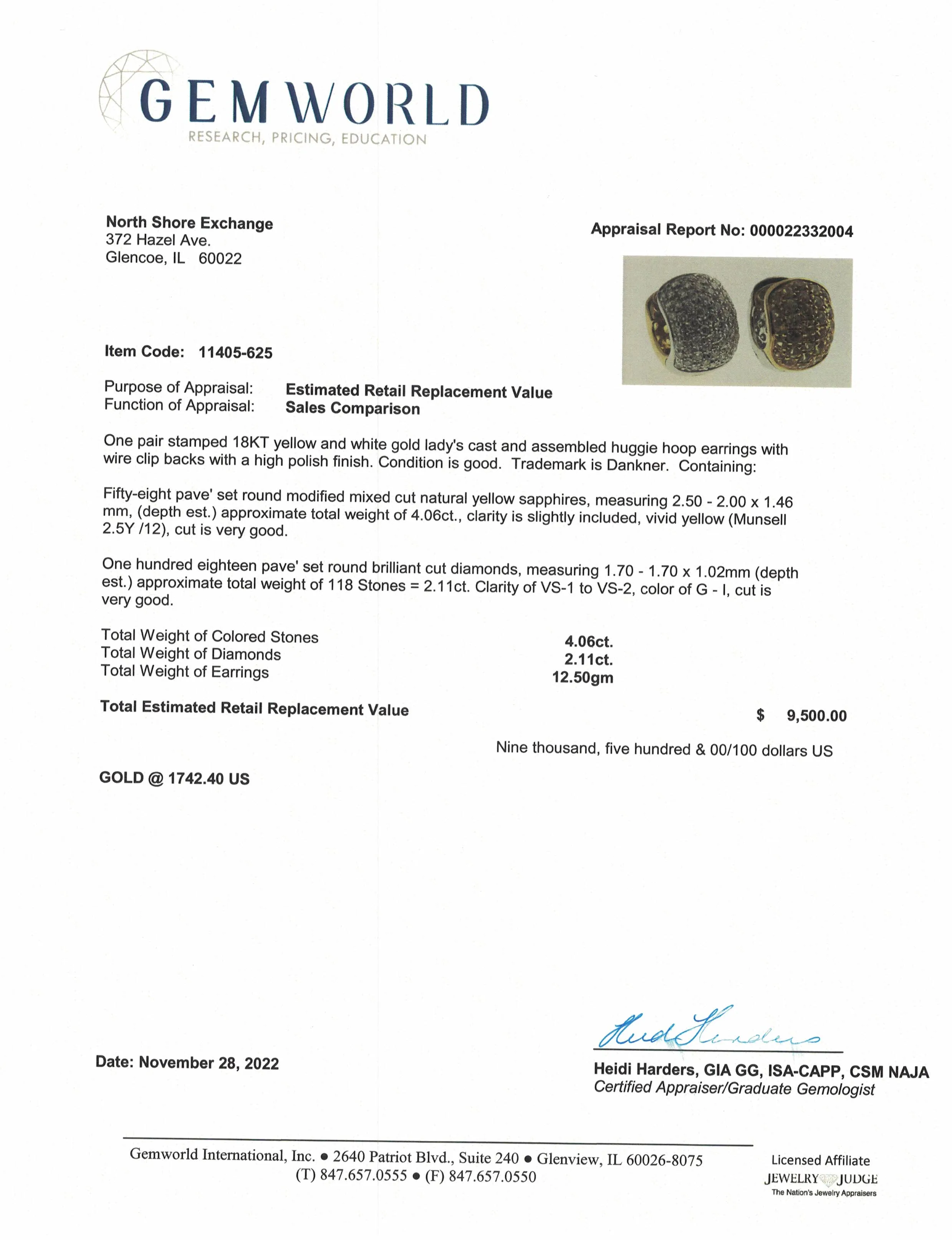Dankner 18K Yellow and White Gold Hoop Earrings with Diamonds & Yellow Sapphire