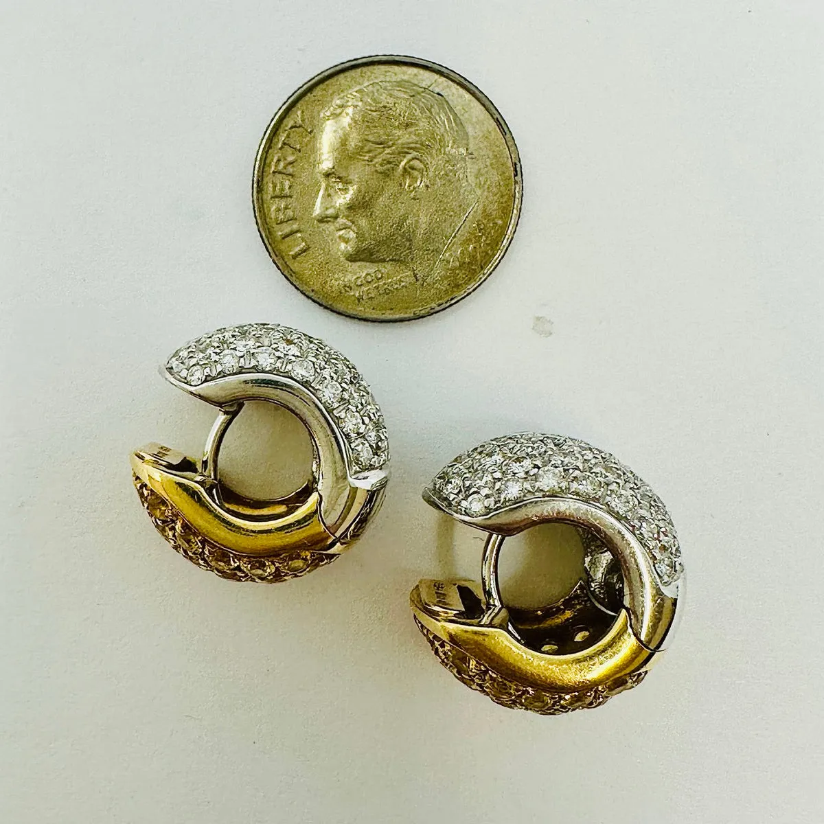 Dankner 18K Yellow and White Gold Hoop Earrings with Diamonds & Yellow Sapphire