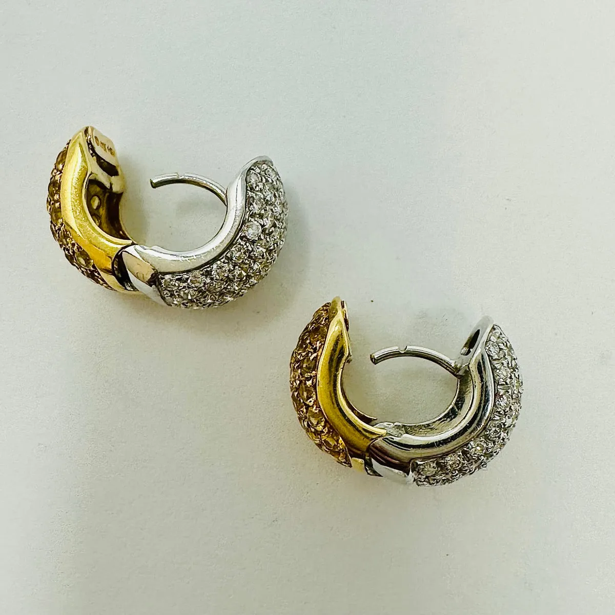 Dankner 18K Yellow and White Gold Hoop Earrings with Diamonds & Yellow Sapphire