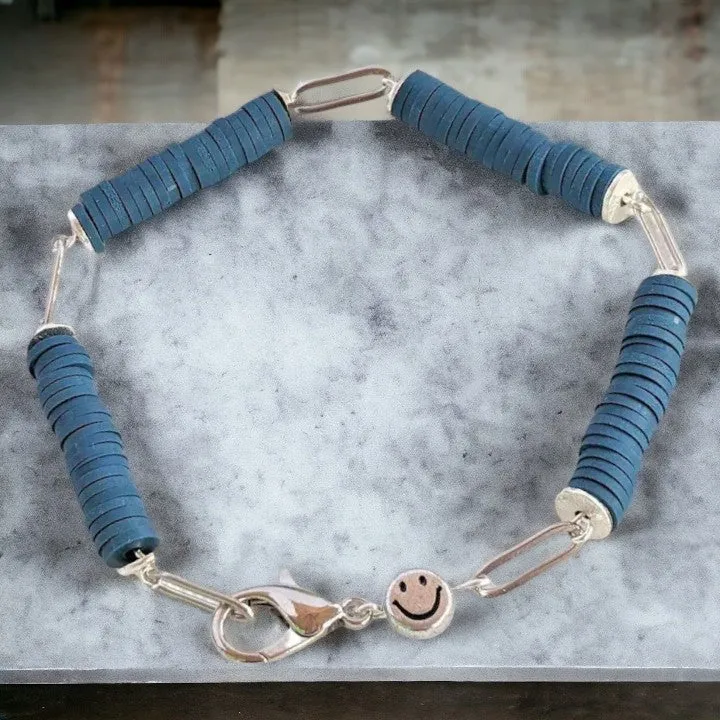 Dark Blue Smiley Stainless Steel Paperclip Chain Bracelet