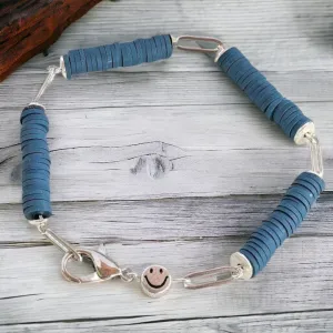 Dark Blue Smiley Stainless Steel Paperclip Chain Bracelet