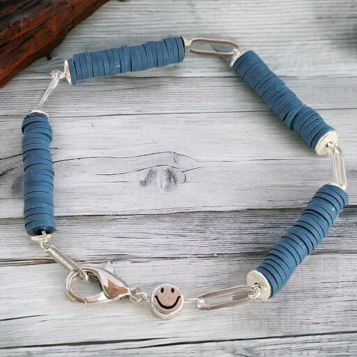 Dark Blue Smiley Stainless Steel Paperclip Chain Bracelet