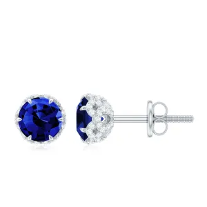 Designer Created Blue Sapphire Solitaire Stud Earrings with Diamond Accent