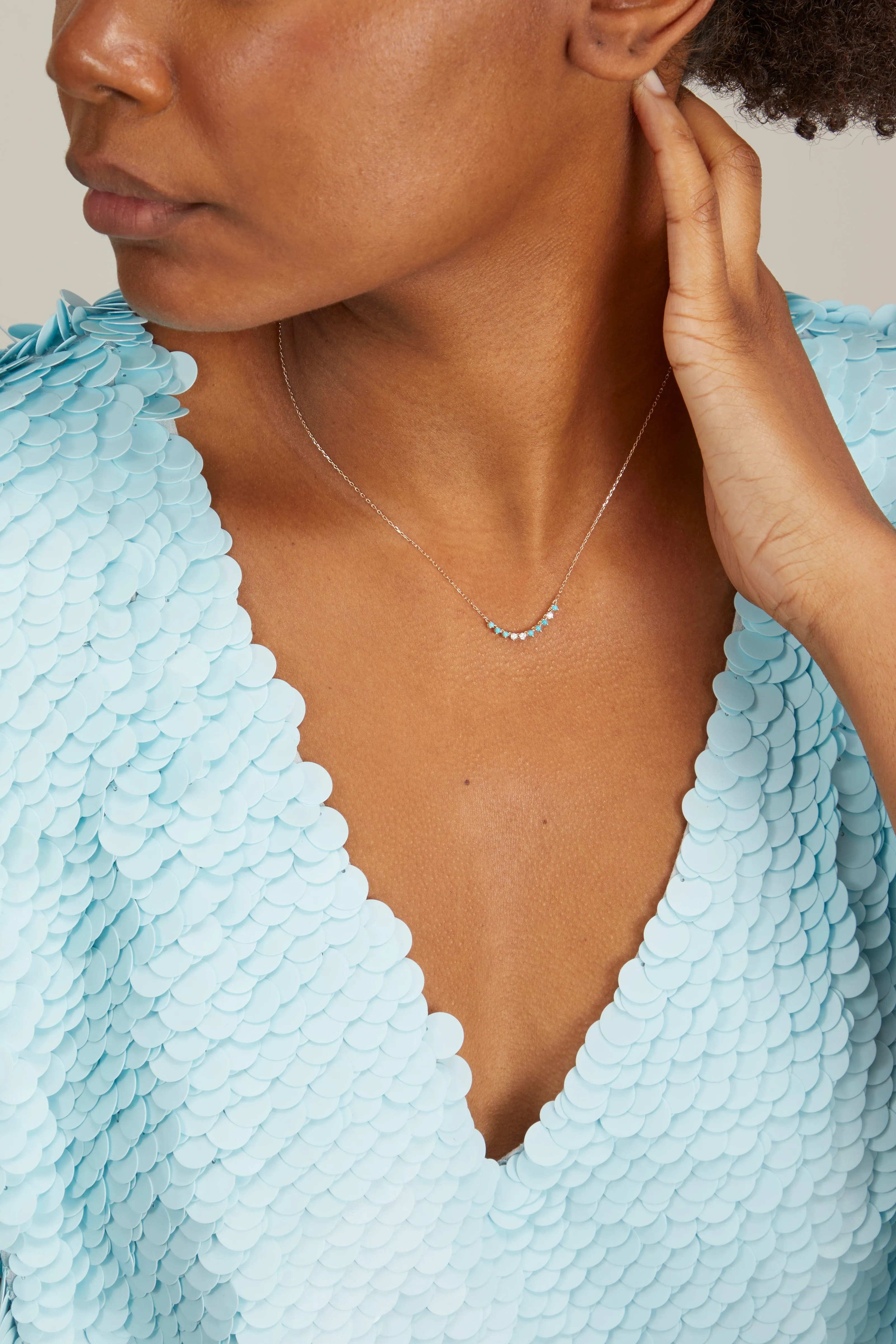 Diamond and Turquoise Rounds Chain Necklace in 14k Yellow Gold