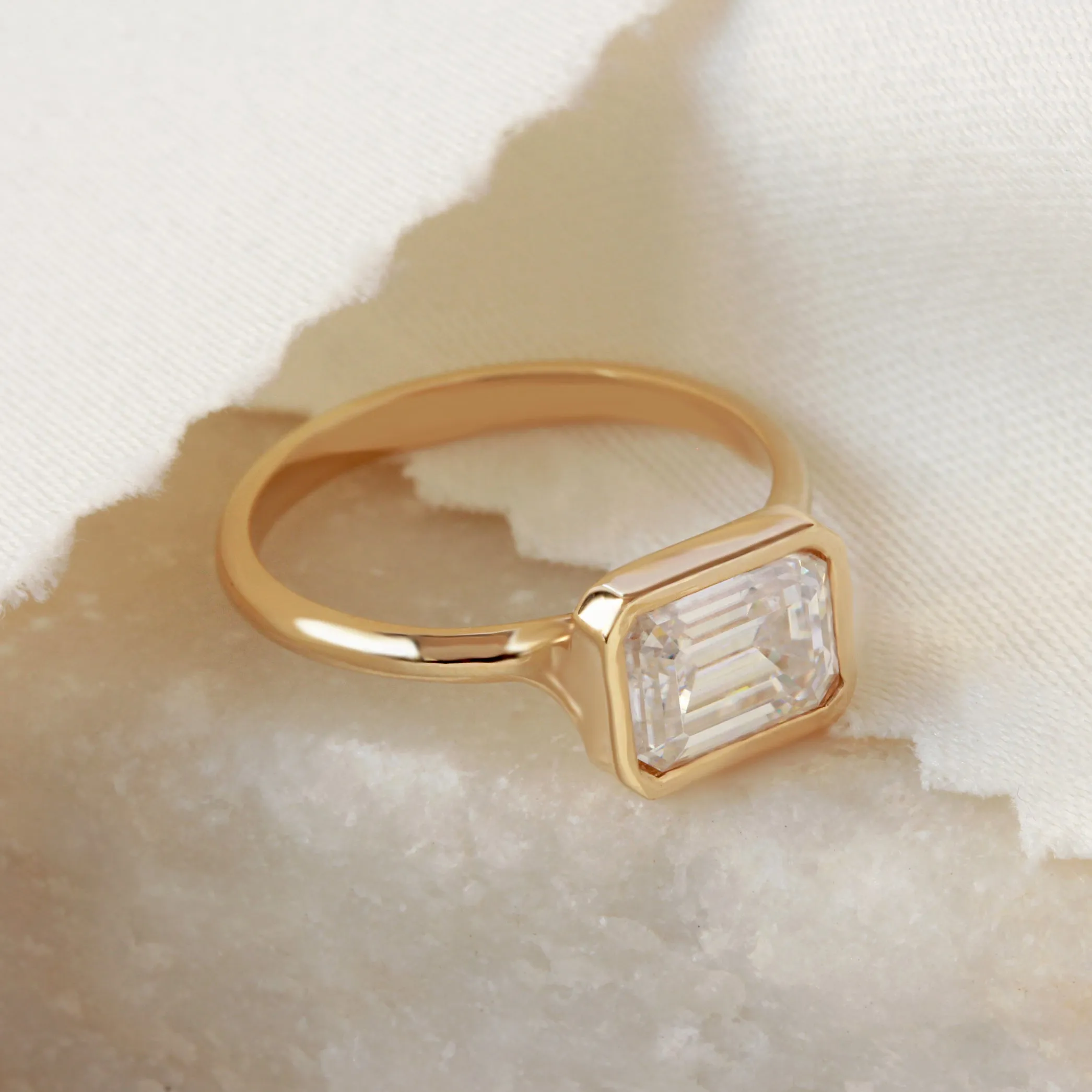 East West Emerald Cut Solitaire Bezel Set Diamond Engagement Ring - Jade