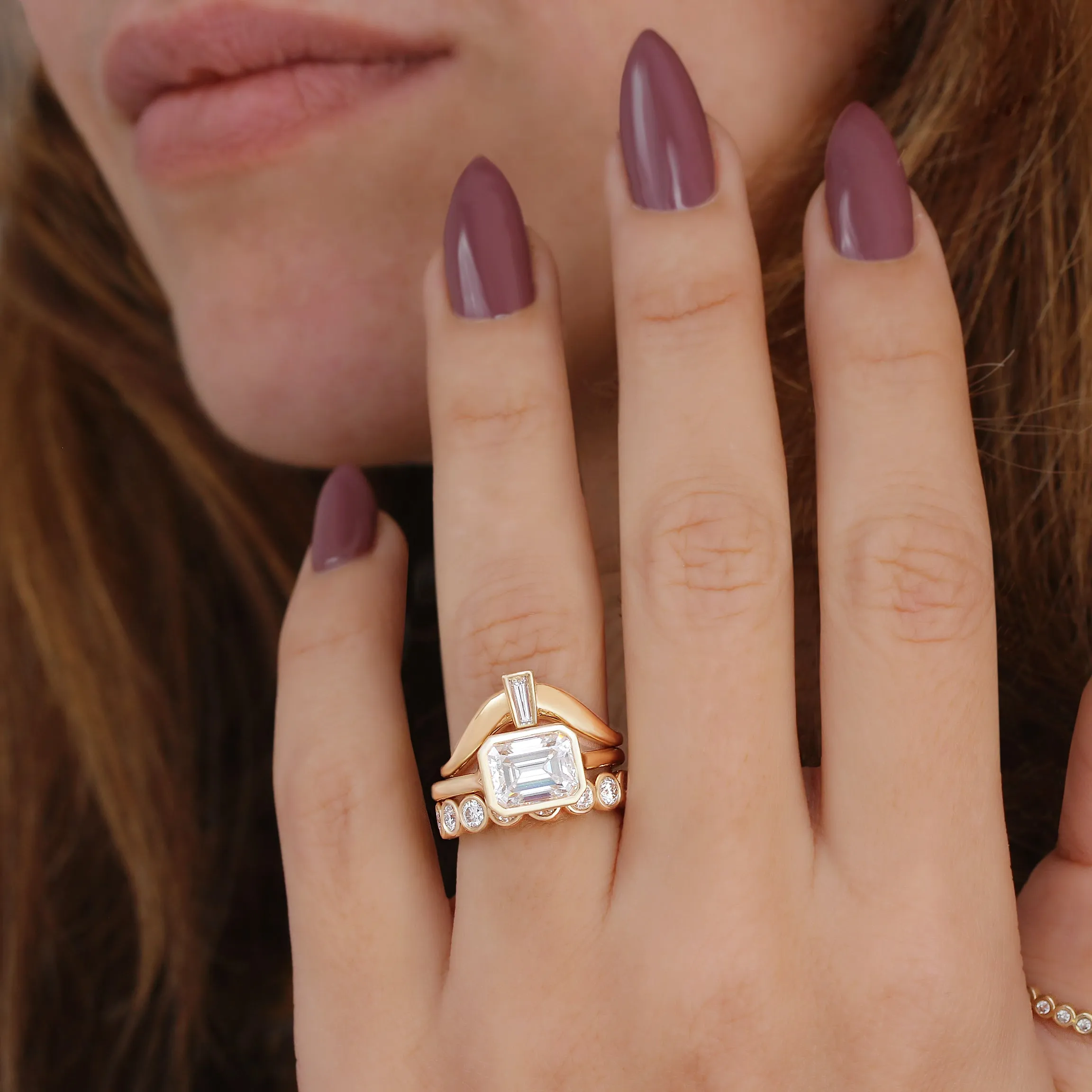 East West Emerald Cut Solitaire Bezel Set Diamond Engagement Ring - Jade