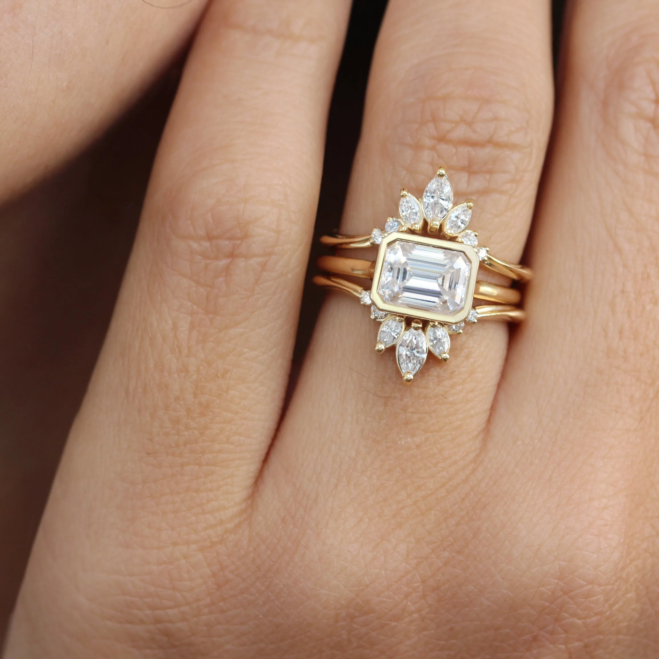East West Emerald Cut Solitaire Bezel Set Diamond Engagement Ring - Jade