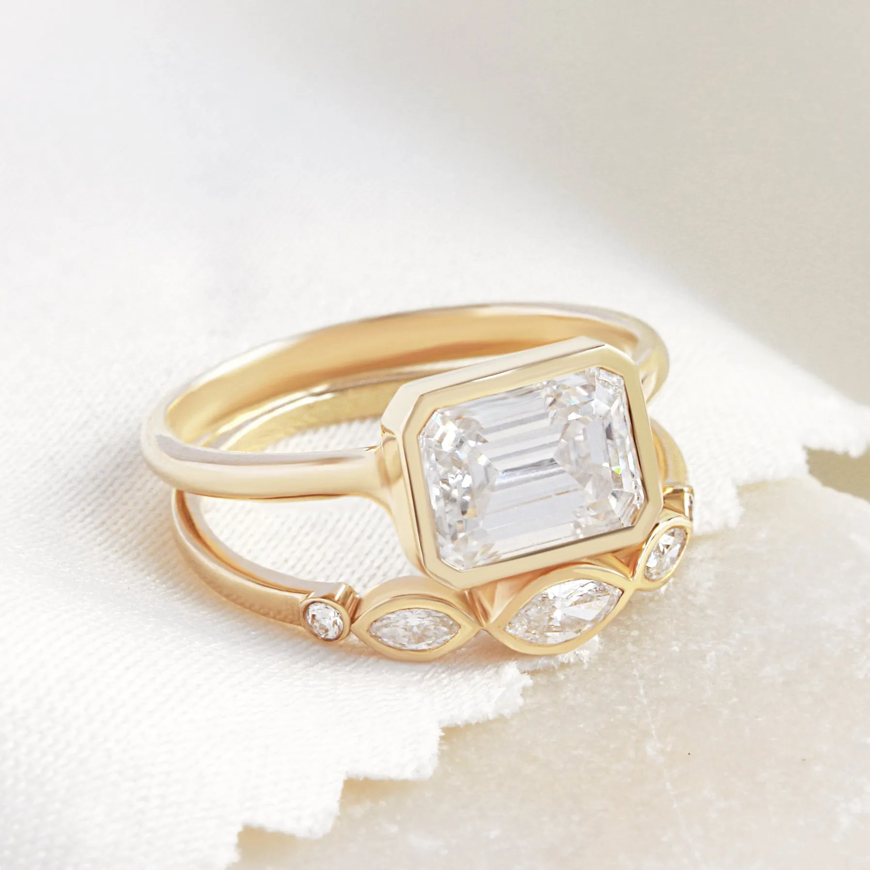 East West Emerald Cut Solitaire Bezel Set Diamond Engagement Ring - Jade