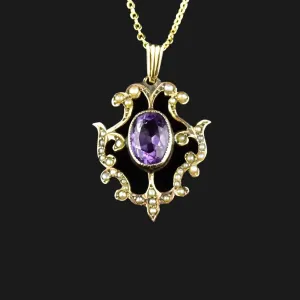 Edwardian Gold Amethyst Seed Pearl Lavaliere Pendant Necklace