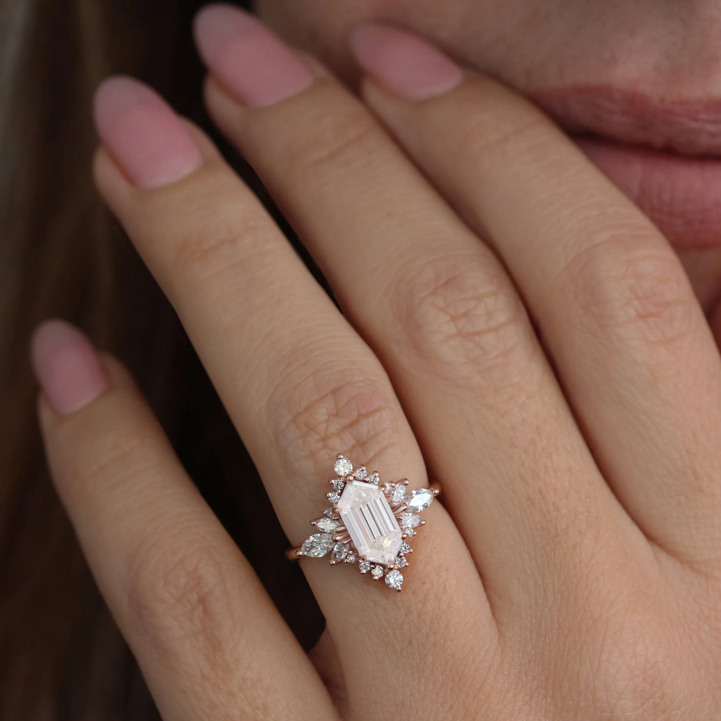 Elongated Hexagon 1CT Lab Diamond and Diamonds Celestial Star Engagement Ring Nora
