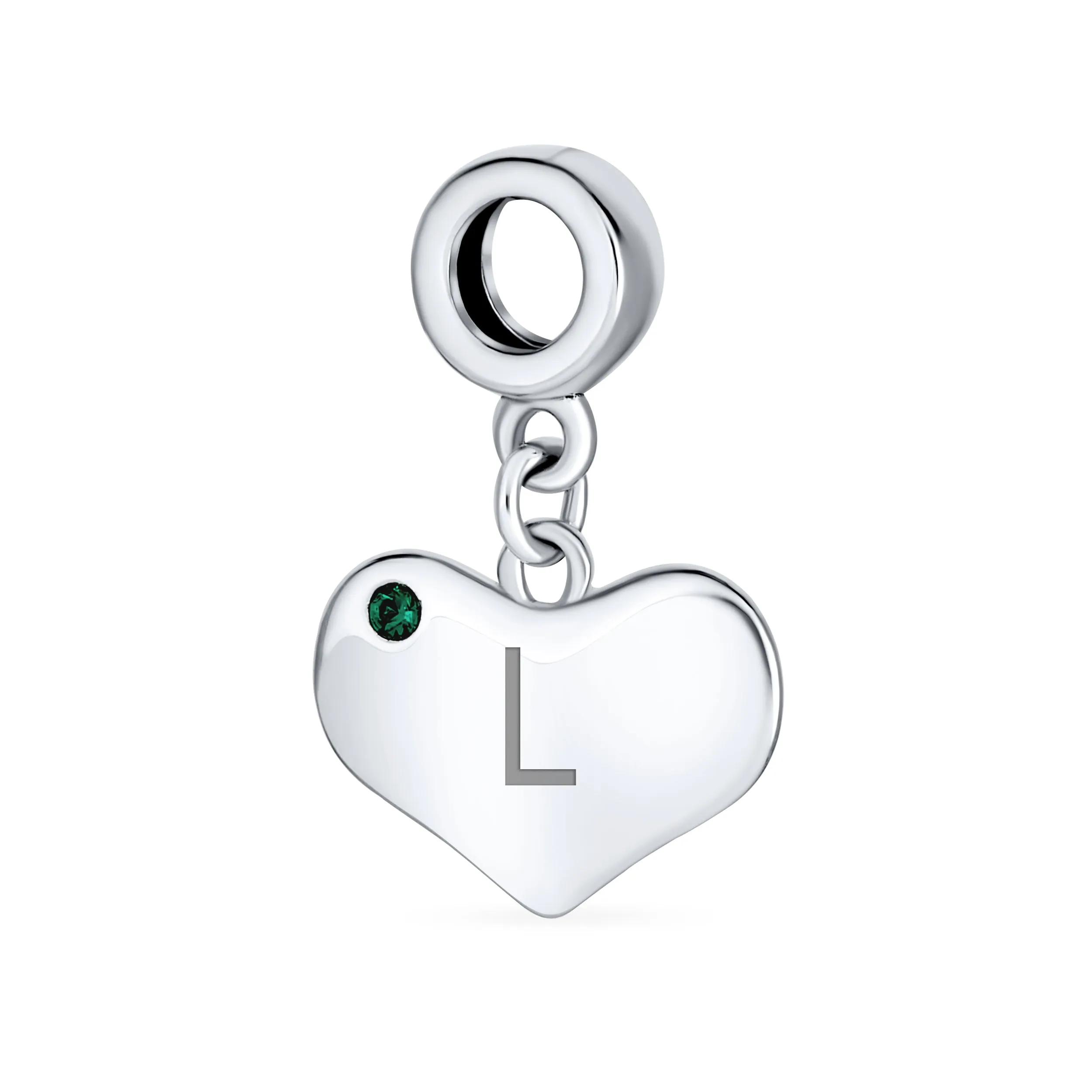 Emerald Green Crystal Accent Heart Shaped Dangle Bead Charm .925 Silver