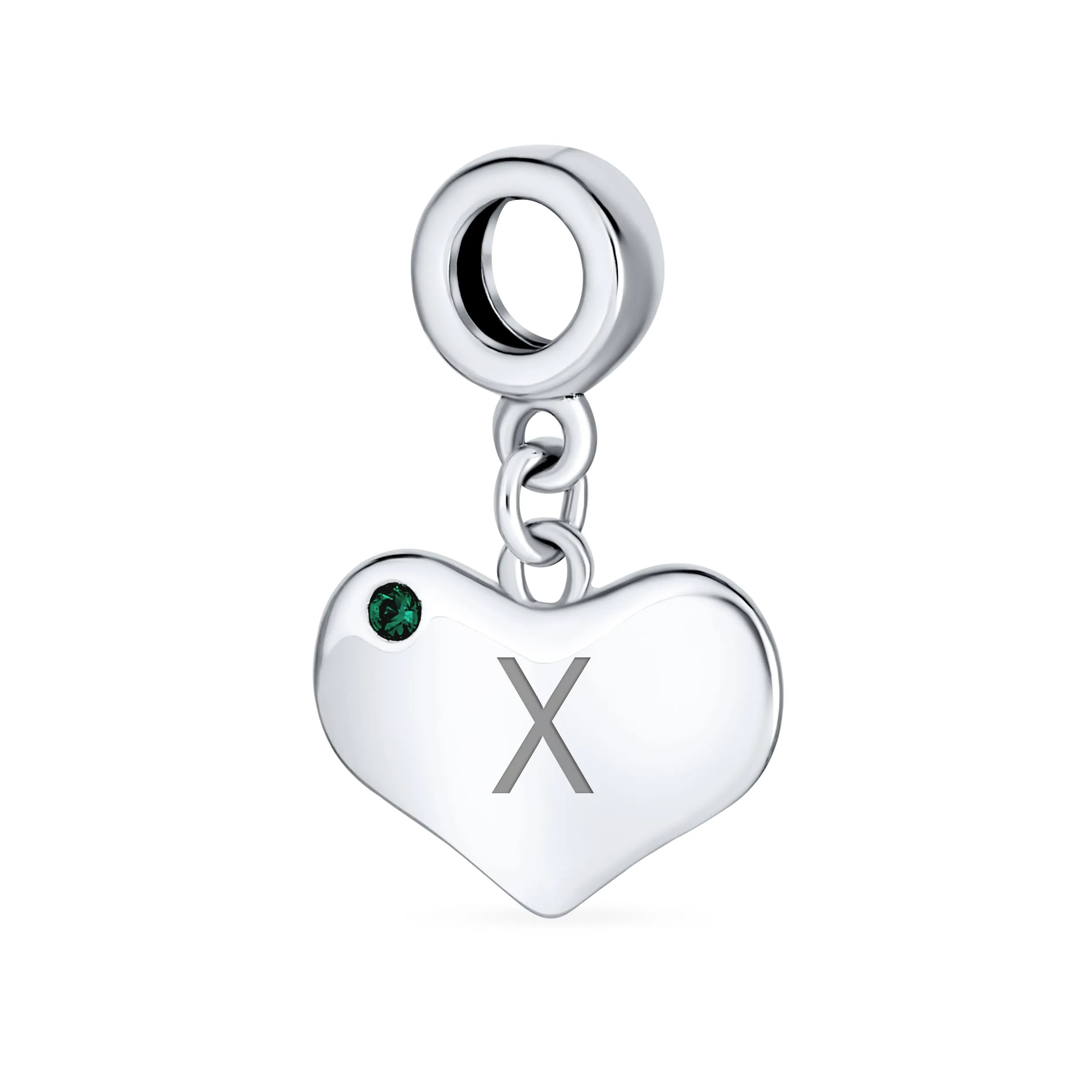 Emerald Green Crystal Accent Heart Shaped Dangle Bead Charm .925 Silver