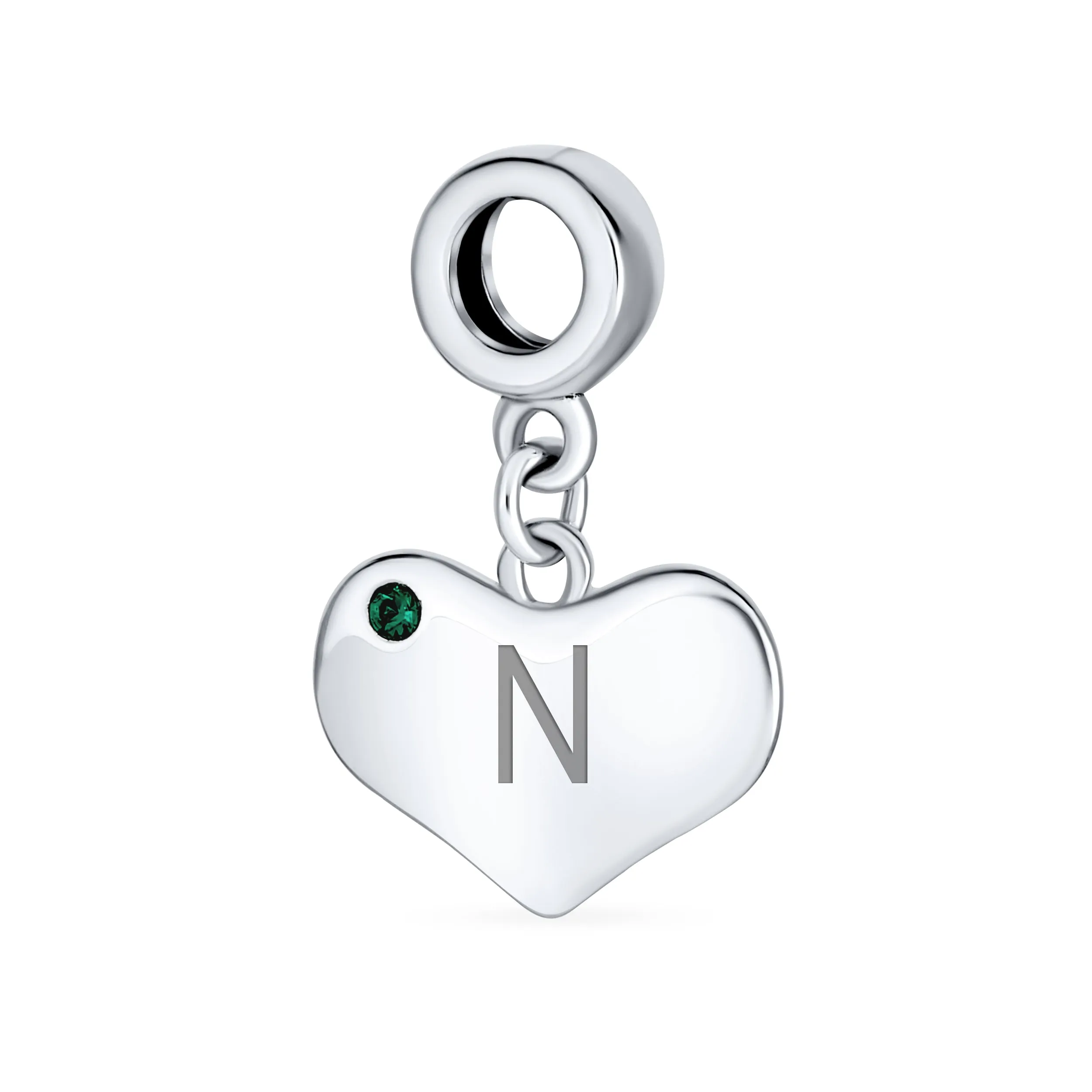 Emerald Green Crystal Accent Heart Shaped Dangle Bead Charm .925 Silver