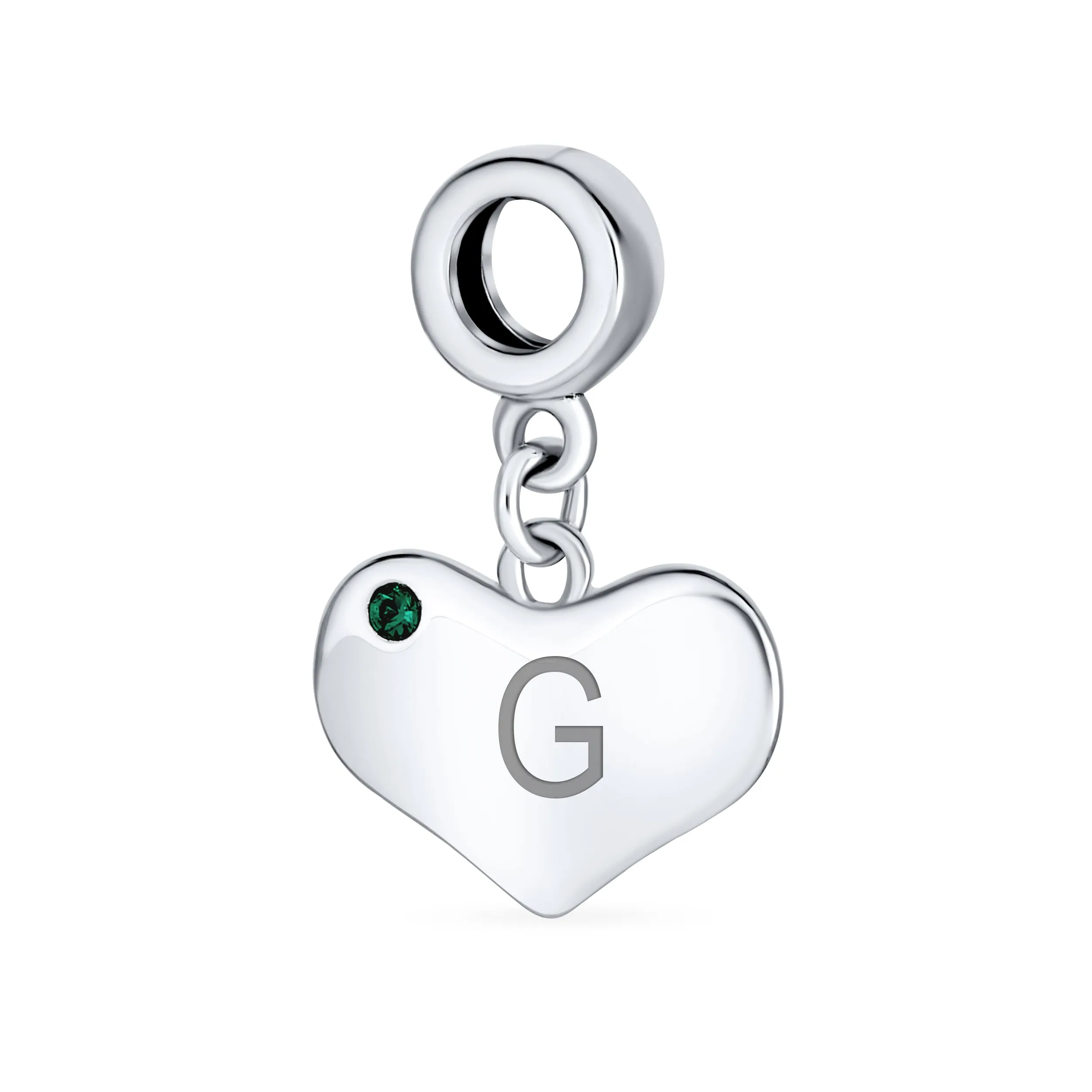 Emerald Green Crystal Accent Heart Shaped Dangle Bead Charm .925 Silver