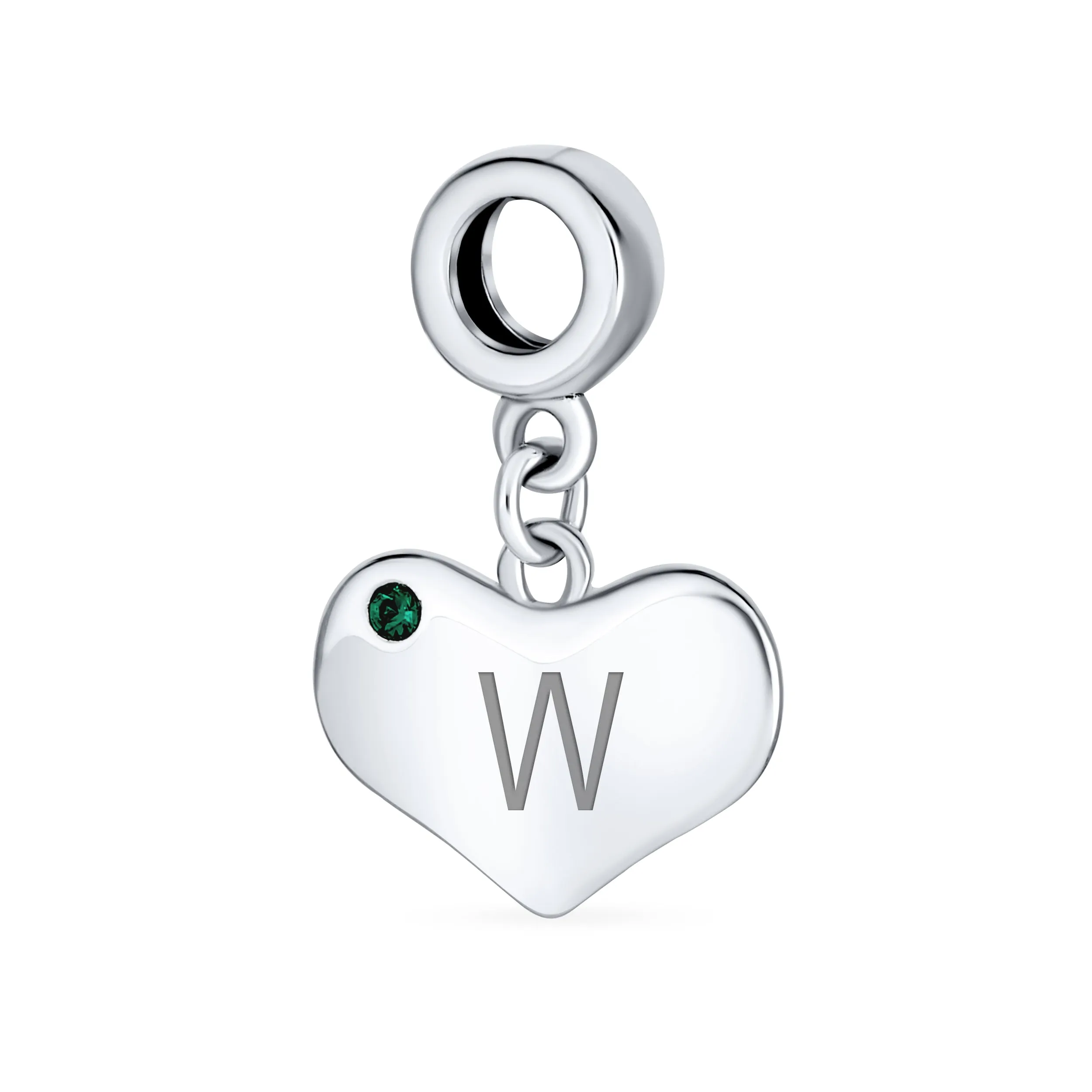 Emerald Green Crystal Accent Heart Shaped Dangle Bead Charm .925 Silver