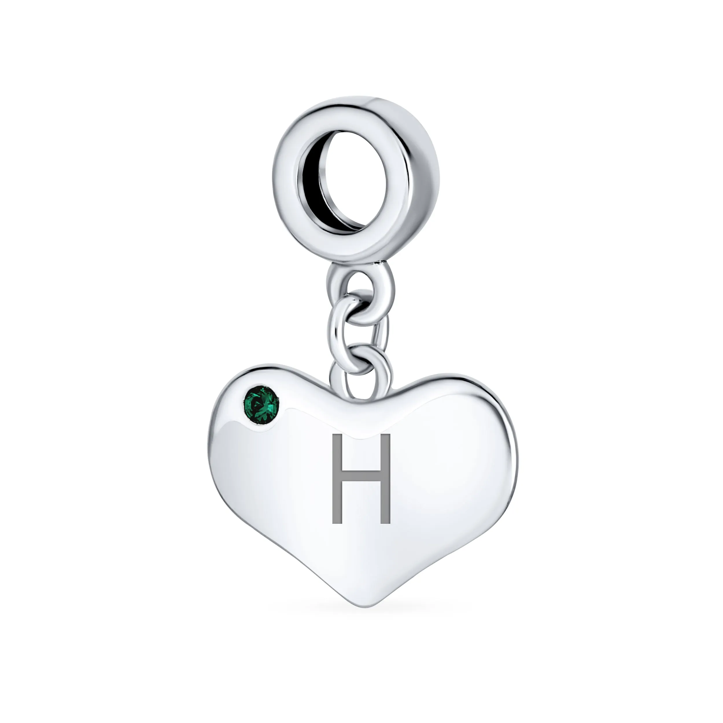 Emerald Green Crystal Accent Heart Shaped Dangle Bead Charm .925 Silver