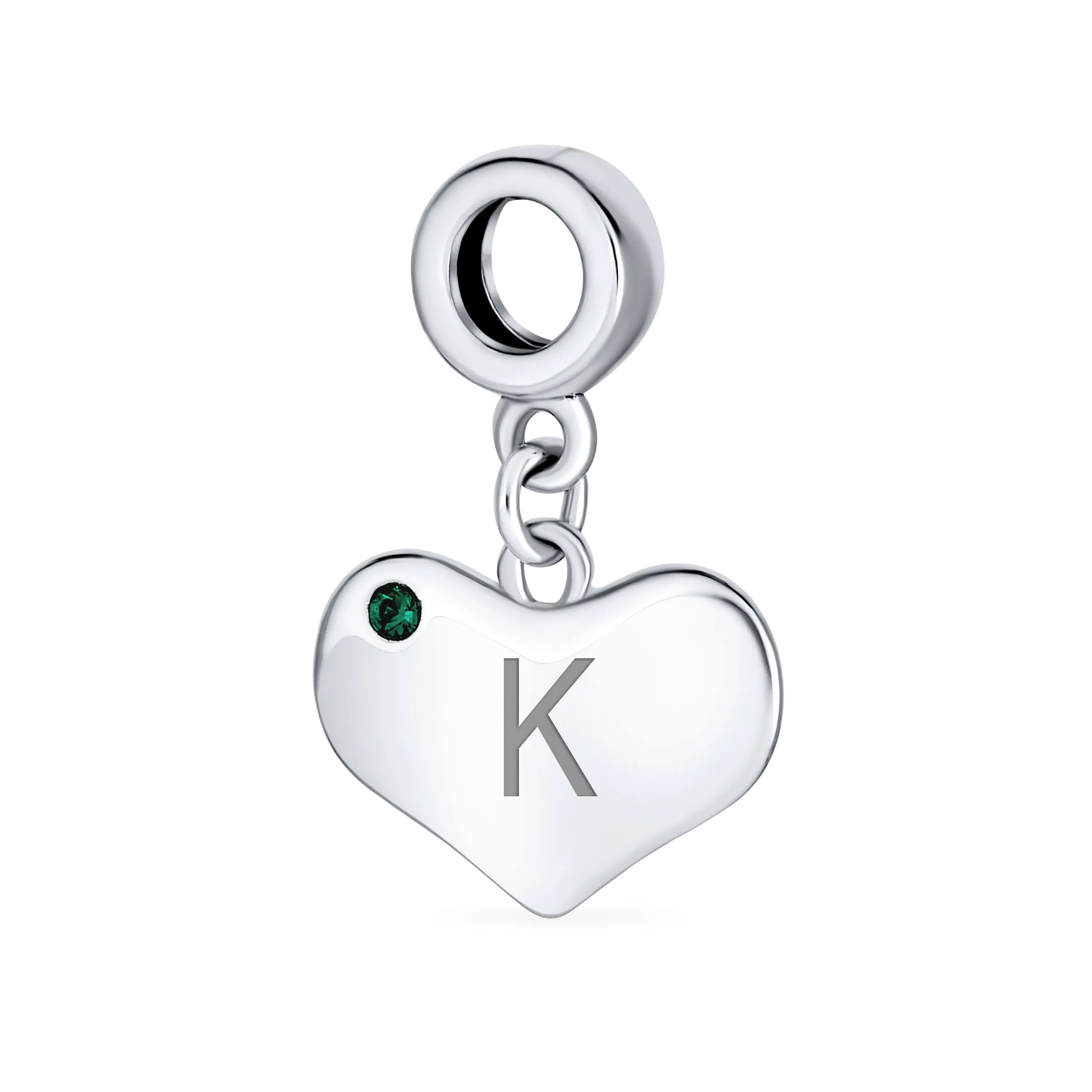 Emerald Green Crystal Accent Heart Shaped Dangle Bead Charm .925 Silver