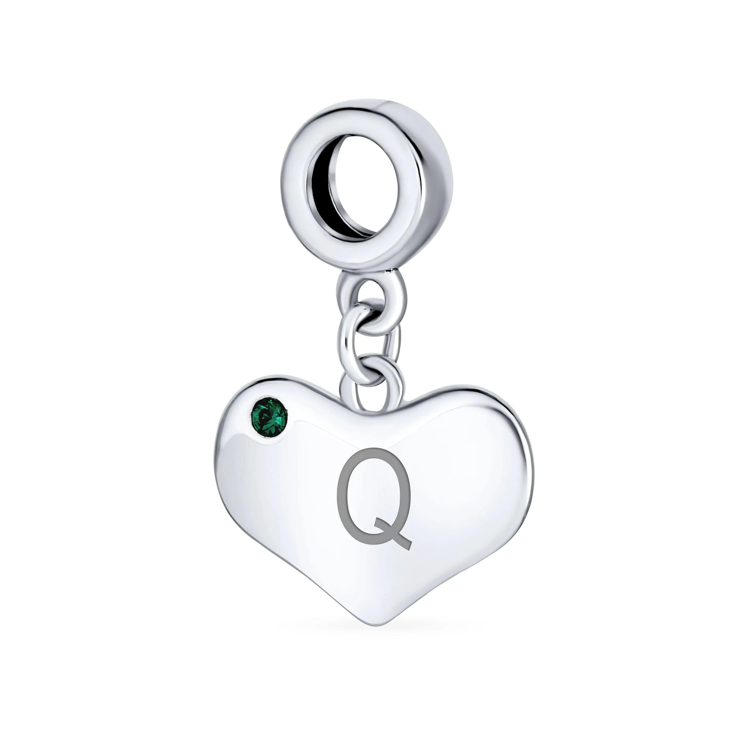 Emerald Green Crystal Accent Heart Shaped Dangle Bead Charm .925 Silver