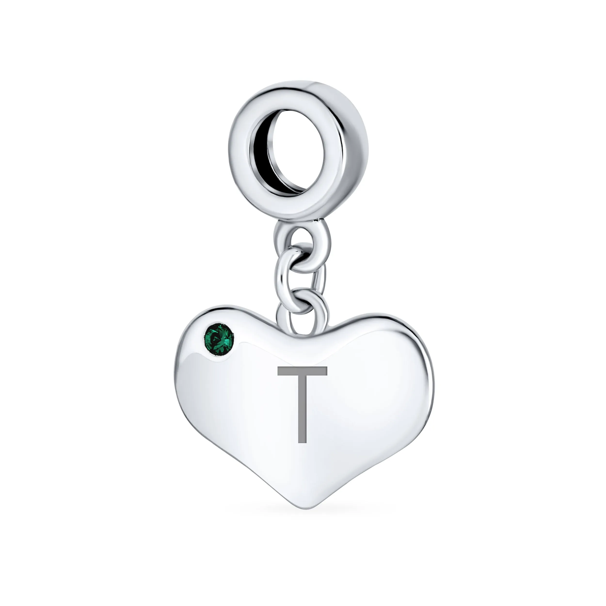 Emerald Green Crystal Accent Heart Shaped Dangle Bead Charm .925 Silver