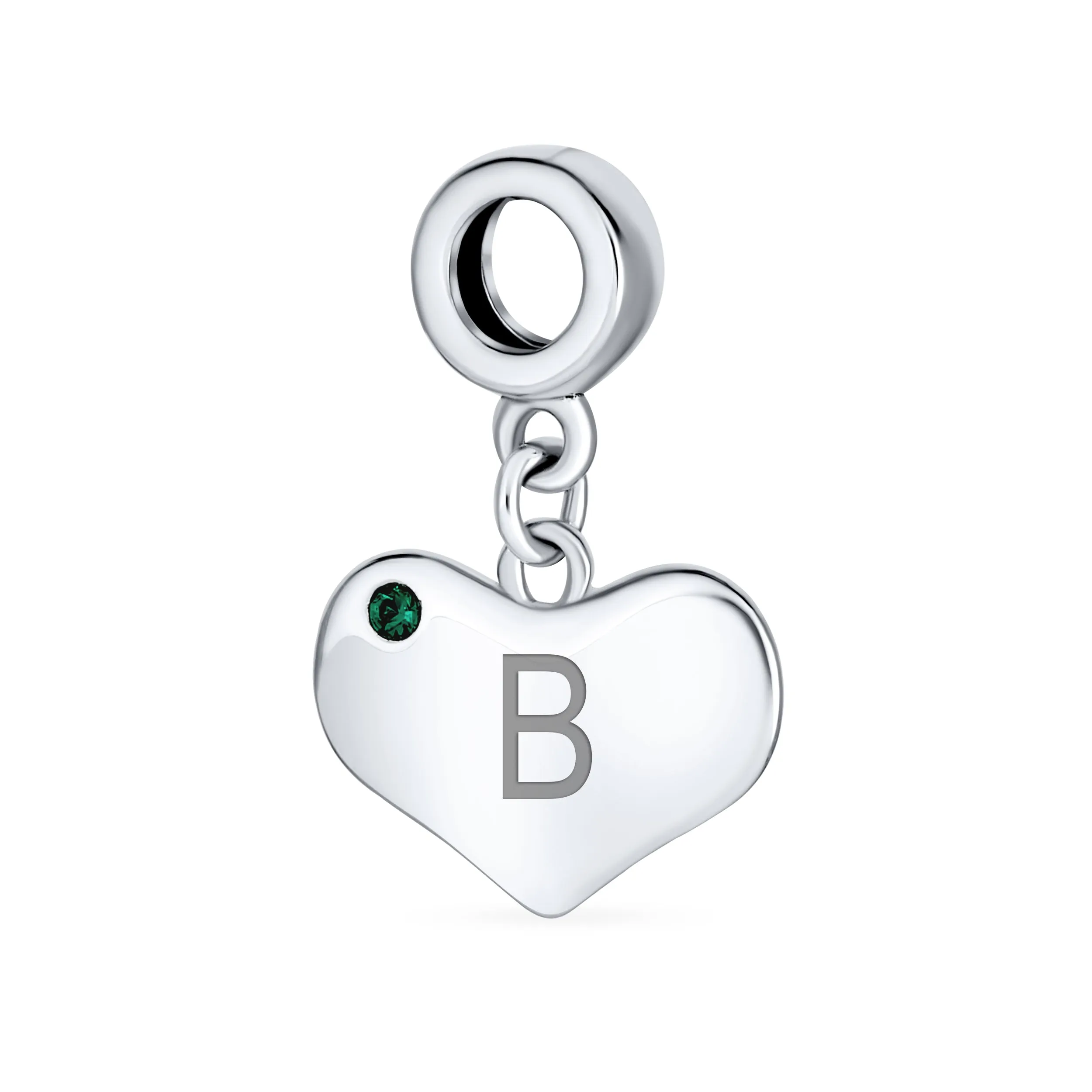 Emerald Green Crystal Accent Heart Shaped Dangle Bead Charm .925 Silver
